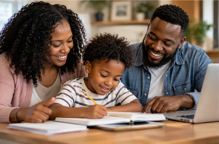 A family learning together at home